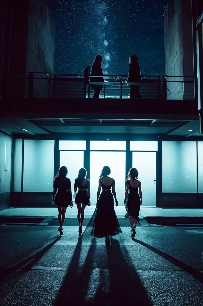 Three pretty, beautiful women in sexy black clothing are walking backwards, disappearing into a beautiful landscape. The scene is melancholic and introspective, with long shots and fade-outs creating a sense of closure. The background is a starry and moonlit cityscape at night.
