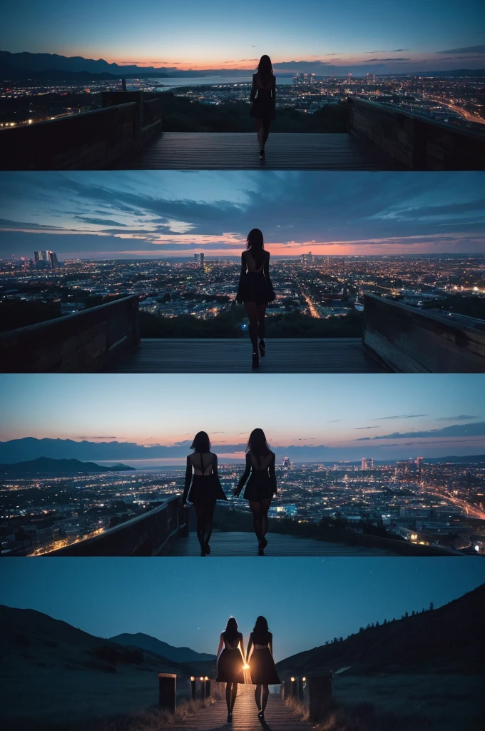 Three pretty, beautiful women in sexy black clothing are walking backwards, disappearing into a beautiful landscape. The scene is melancholic and introspective, with long shots and fade-outs creating a sense of closure. The background is a starry and moonlit cityscape at night.
