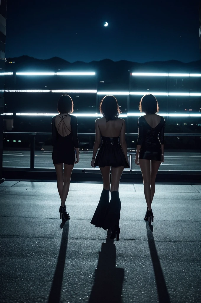 Three pretty, beautiful women in sexy black clothing are walking backwards, disappearing into a beautiful landscape. The scene is melancholic and introspective, with long shots and fade-outs creating a sense of closure. The background is a starry and moonlit cityscape at night.