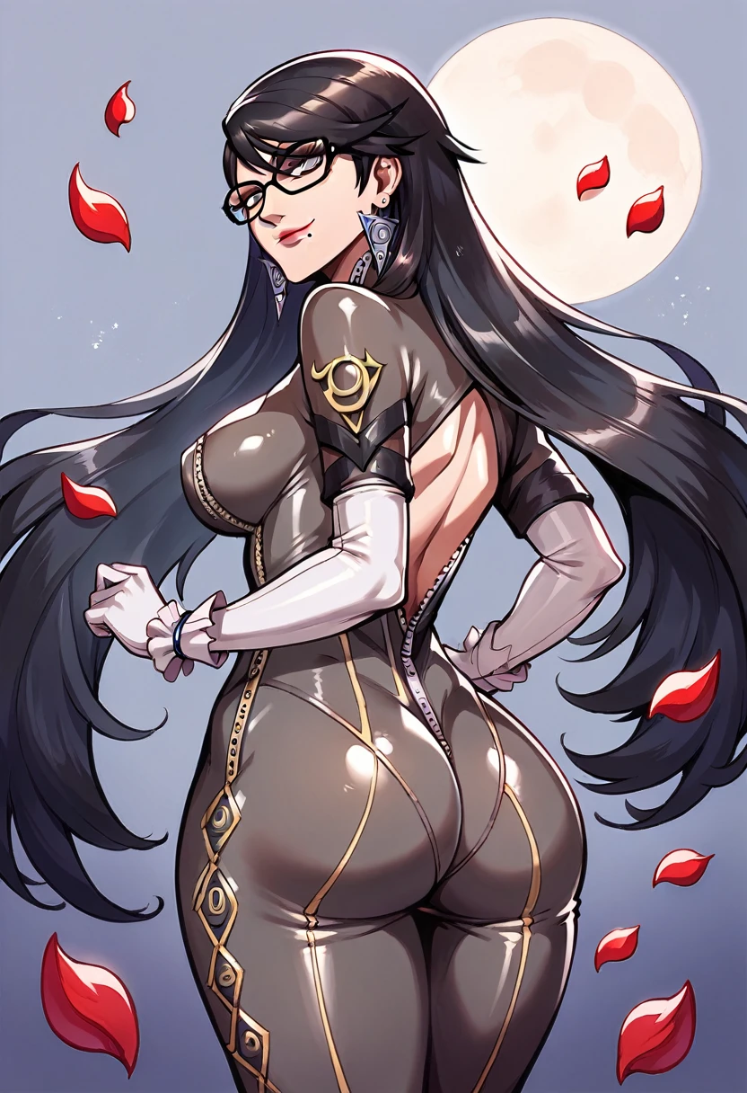 1 girl, jewelry, bayonetta, earrings, glasses, ass, alone, long hair, black_hair, gloves, mass_under_mouth, petals, mole, looking_at_viewer, lips, breasts, shiny, bodysuit, simple_background, looking_back, smile, shiny_hair, hands_on_hips, white_gloves , bangs, bright_clothes, from behind, elbow_gloves, cut_of_clothes, closed_mouth, thighs, big_breasts, lipstick, makeup, tight, zipper, bracelet, full moon, huge moon
