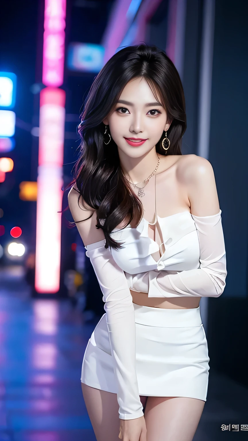 ((Whole body)), ((from below)), ((Gu Feng,bare shoulders)), ((short skirt)),((Beautiful legs are leaking)), Clear face, beautiful face, 8K, Masterpiece, original photo, best quality, details:1.2,realistic, details, Very detailsed, CG, unity, Wallpaper, depth of field, movie light, lens flare, Ray tracing, (Very beautiful face, beautiful lips, beautiful eyes), complex, details face, ((ultra detailsed skin)), 1 woman, in the dark, deep shadow, beautiful korean girl, kpop idols,(Very slim shape:1.3), Plump breasts, sexy legs, elegant gesture, (bright smile), (City nighttime, (neon light), (nighttime), beautiful korean girl, white diamond earrings, bracelet diameter, Dia Necklace, Clear eyes, Facing forward, (Big eyes)