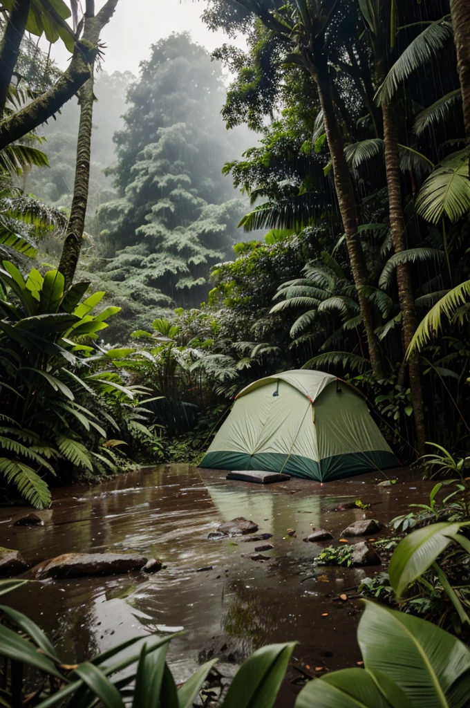 Solo camp in jungle in rain