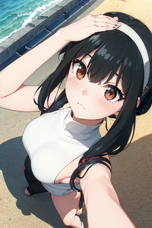 (SFW:1.8、masterpiece, Highest quality),1people々, 一people々in, Absurd、現実inは捉えられないディテールと美しさ、hyper Realistic, Realistic,Realistic, whole :2,、(((Long Hair、She is very 美しい and cute、Beautiful long neck:1.8)))、Ideal body type、Beautiful long neck:1.6、Perfect Anatomy、people々々Beautiful pads that make you feel happy:2、自然in快適な照明、whole body、((Black Hair、White hair band))、Sweat、Beach、Sandy Beach、dynamic、Prone、back、topless、地面にProne、backを見せる、It is oiled、Sandy Beachに横になっている、Sandy BeachinProne、backを見せて寝ている、back view、Prone、Angle view from directly above、Crawling on the ground