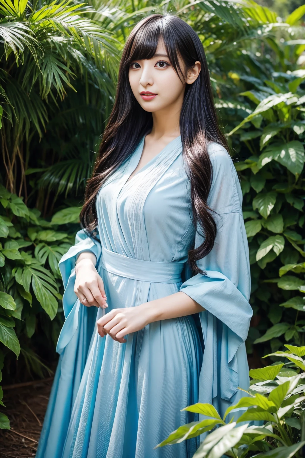 Canon RF85mmf/1.2, masterpiece, Highest quality, Ultra-high resolution, Very detailed, Best image quality, 1 Girl, alone, Long Green Hair, (Korean mixed race, K-Pop Idols:1.2), Cabbage Dress, Exquisite Jewelry, Outdoor,Long skirt