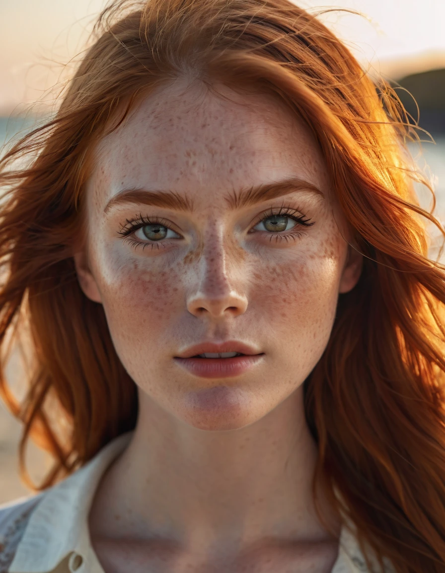 portrait photography, dutch angle shot, a stunning redhead woman's face with freckles, fresh and young face, golden hour, seashore, close up, Phantom High Speed camera, urban emotions, uhd image, moody, detailed facial features, realistic_skin, natural_skin, (masterpiece), best quality, --ar 16:9 --style raw --v 5.2