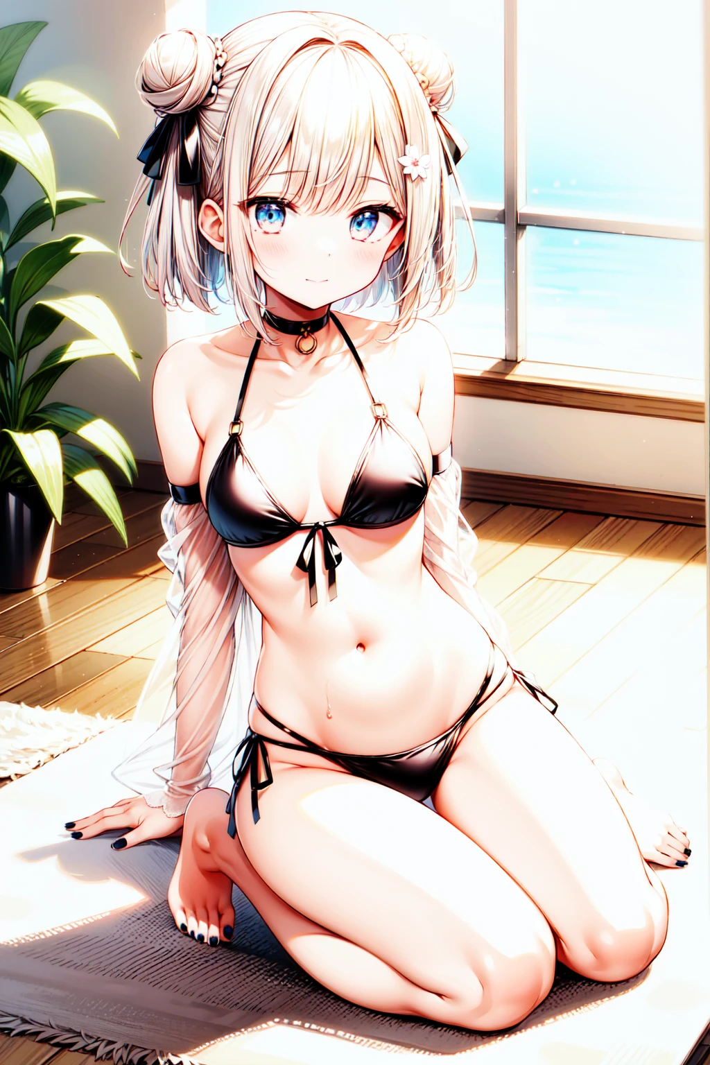 1girl, solo, breasts, swimsuit, flower, blue_eyes, navel, bikini, hair_ornament, black_bikini, looking_at_viewer, hair_flower, string_bikini, side-tie_bikini_bottom, medium_breasts, stomach, indoors, sidelocks, bare_shoulders, kneeling, barefoot, detached_sleeves, thighs, micro_bikini, blush, potted_plant, collarbone, hair_ribbon, bangs, ribbon, halterneck, hair_bun, closed_mouth, see-through, nail_polish, window, bare_legs, single_hair_bun, pink_flower, plant, long_sleeves, black_ribbon, day, groin, vase, grey_hair, black_nails