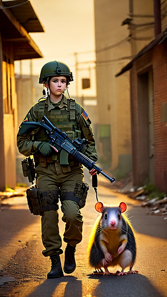 A military rat with a machine gun walks with a baby on an abandoned street, Front view, master lighting, Soft lighting, it's foggy, 8k render, detailed, Cute cartoon style, Warhammer 40k