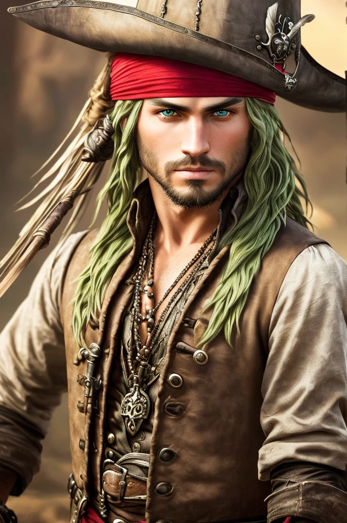 a young man, green eyes, long silver hair, pirate clothing, wide-brimmed hat with red feathers, (best quality,4k,8k,highres,masterpiece:1.2),ultra-detailed,(realistic,photorealistic,photo-realistic:1.37),detailed facial features, intricate pirate outfit, dramatic lighting, cinematic perspective, vibrant colors, fantasy, dramatic pose