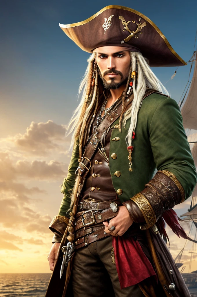 a young man, green eyes, long silver hair, pirate clothing, wide-brimmed hat with red feathers, (best quality,4k,8k,highres,masterpiece:1.2),ultra-detailed,(realistic,photorealistic,photo-realistic:1.37),detailed facial features, intricate pirate outfit, dramatic lighting, cinematic perspective, vibrant colors, fantasy, dramatic pose