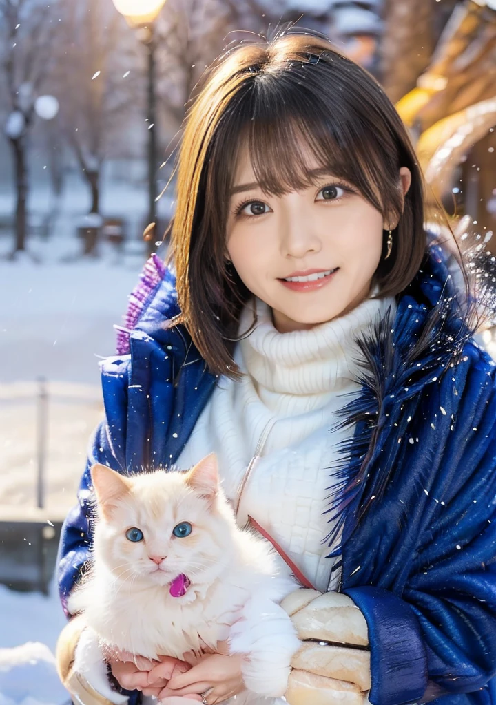 歯をみせるsmile、Blue Eyes、Holding a kitten、Photo from the waist up、Night city illumination shot、Cowgirl Shot、Fur coat、豪華なグレーのミンクのFur coat、Wear fine leather boots、Luxury Bags、Inner turtleneck、Silver necklace and small silver earrings Millionaire style:1.4))、Full body photo、smile、 Caustics、Highly detailed photos、Very beautiful woman 、Ample breasts、No makeup、(8K、RAW Photos、Highest quality、masterpiece:1.2)、(Realistic、Realistic)、1 Girl、((Medium Short Hair、Midwinter、Cold region Snow falling、The wind is blowing、Fluttering Hair、Blur the background、Colorful illuminations、Looking into the camera:1.4))、