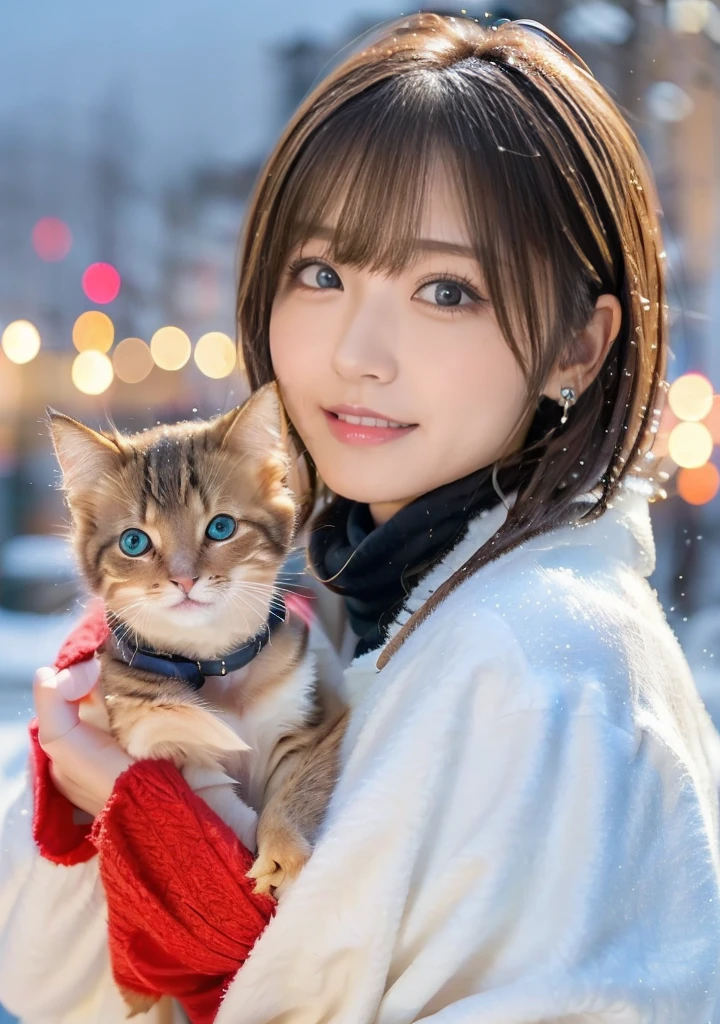 歯をみせるsmile、Blue Eyes、Holding a kitten、Photo from the waist up、Night city illumination shot、Cowgirl Shot、Fur coat、豪華なグレーのミンクのFur coat、Wear fine leather boots、Luxury Bags、Inner turtleneck、Silver necklace and small silver earrings Millionaire style:1.4))、Full body photo、smile、 Caustics、Highly detailed photos、Very beautiful woman 、Ample breasts、No makeup、(8K、RAW Photos、Highest quality、masterpiece:1.2)、(Realistic、Realistic)、1 Girl、((Medium Short Hair、Midwinter、Cold region Snow falling、The wind is blowing、Fluttering Hair、Blur the background、Colorful illuminations、Looking into the camera:1.4))、