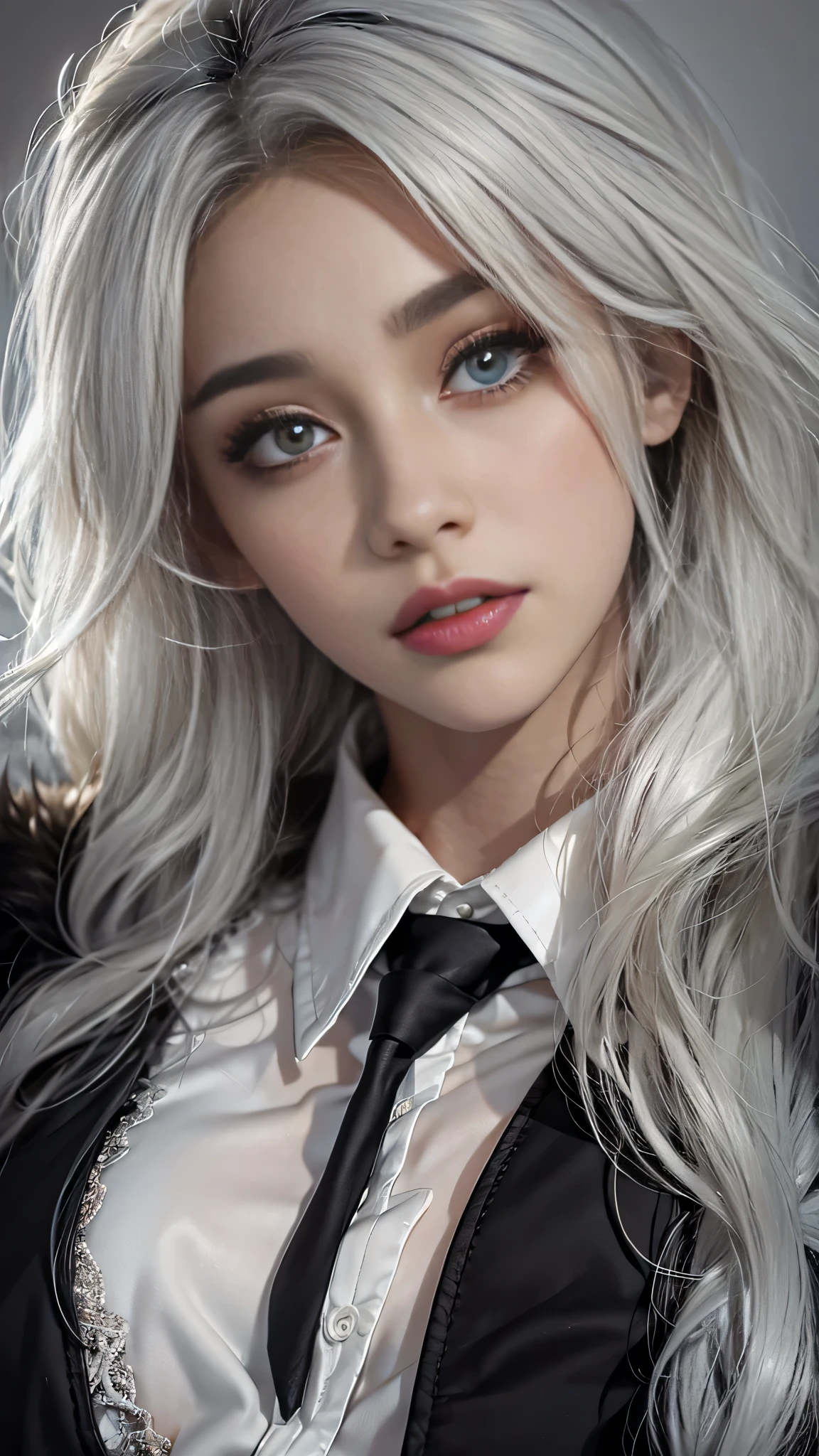 Photorealistic, High resolution, 1 Women, Solo, hips up high, Beautiful eyes, Close lips, Detailed face, White hair, Long hair, Collared shirt, black necktie,Black skirt, pencil skirts, Fur coat, Black stockings