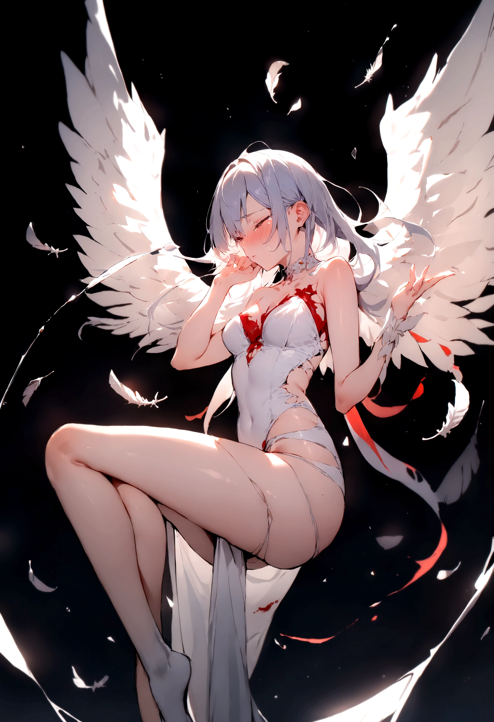 (masterpiece:1.1), (best quality:1.1), (Vibrant colors:1.1), (Solitary:1.2), (1 Girl:1.0), ((weightlessness,Falling posture)),Drunk,Close your eyes,Tears,((Broken lens)), (stocking:1.0), ((Broken feather wings)),Angel Wings, (fallen Angel),Torn light-colored clothing,Blood