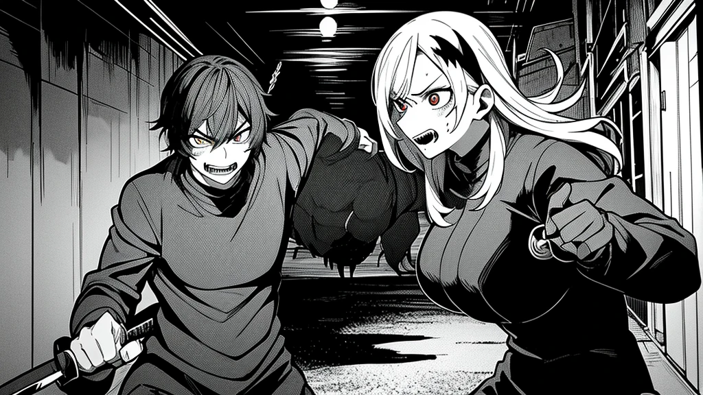 A woman with a scary expression, pointing a katana at a man with evil eyes, manga style, black and white, dynamic and intense scene, highly detailed illustration, background of a dark alley or night-time urban setting