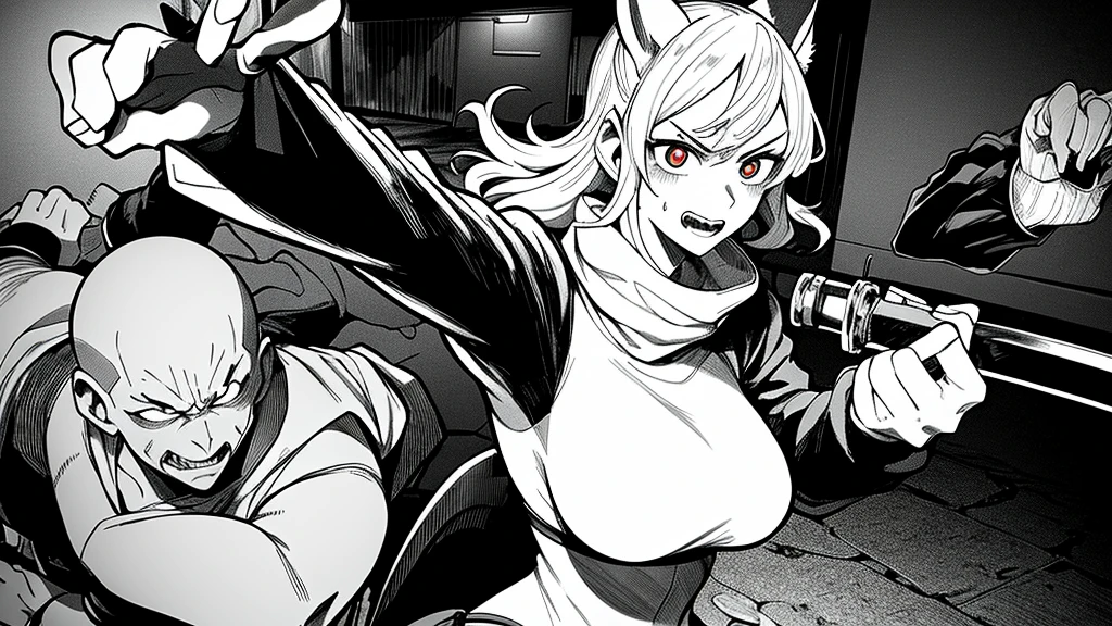 A woman with a scary expression, pointing a katana at a man with evil eyes, manga style, black and white, dynamic and intense scene, highly detailed illustration, background of a dark alley or night-time urban setting