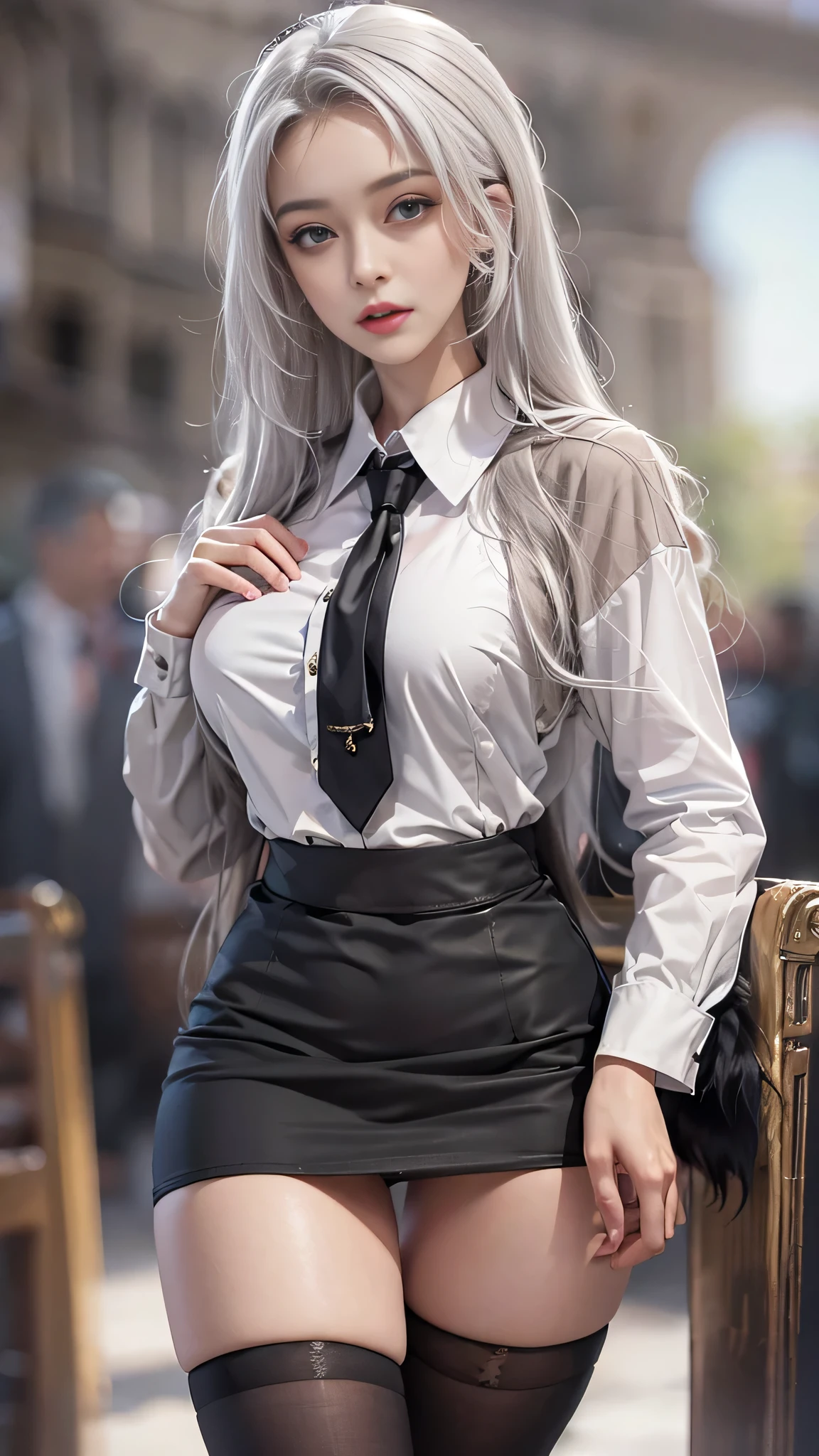 Photorealistic, High resolution, 1 Women, Solo, hips up high, Beautiful eyes, Close lips, Detailed face, White hair, Long hair, Collared shirt, black necktie,Black skirt, pencil skirts, Fur coat, Black stockings