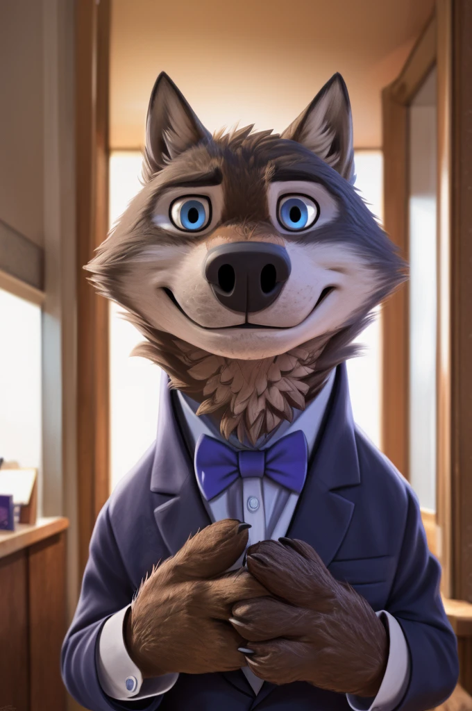 Larry (Zootopia), wolf, Gray Fur, (brown body:1.3), beautiful blue eyes, Zootopia, dressed,blazer,pink shirt,trousers,the bow tie,canine,wolf, detailed fur, male, second, paw pads, finger claws,одевает the bow tie, Games,At the viewer, 5 fingers, paws, 4 toes, in the wedding palace, groom,finger ring, holds, flowers for wife,
BREAK from nextel, for dating, by xenoforge, (difficult, high detail,digital photography, soft focus, RAW, close to the camera, smile, positive, Good, mood, Houses, looks at the viewer, очень close to the camera, in the shop,his wedding, marriage palace combination,
Photorealism, realistic, photorealistic,digital style, Subsurface scattering,очень close to the camera
шедевр, Best quality, ultra realistic, 8 thousand.)