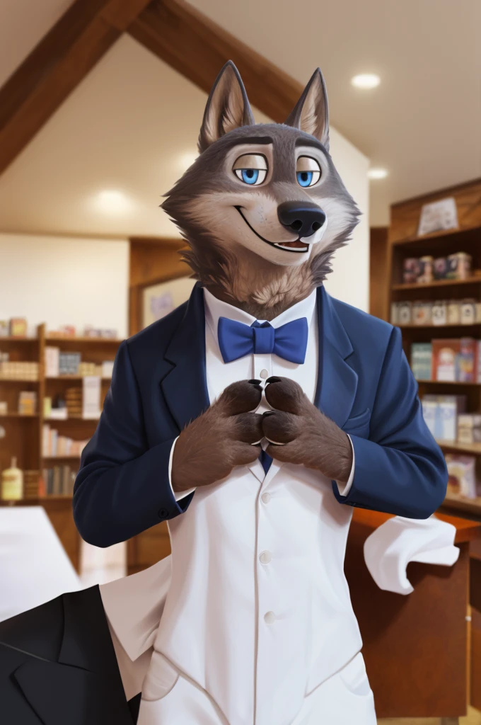 Larry (Zootopia), wolf, Gray Fur, (brown body:1.3), beautiful blue eyes, Zootopia, dressed,blazer,pink shirt,trousers,the bow tie,canine,wolf, detailed fur, male, second, paw pads, finger claws,одевает the bow tie, Games,At the viewer, 5 fingers, paws, 4 toes, in the wedding palace, groom,finger ring, holds, flowers for wife,
BREAK from nextel, for dating, by xenoforge, (difficult, high detail,digital photography, soft focus, RAW, close to the camera, smile, positive, Good, mood, Houses, looks at the viewer, очень close to the camera, in the shop,his wedding, marriage palace combination,
Photorealism, realistic, photorealistic,digital style, Subsurface scattering,очень close to the camera
шедевр, Best quality, ultra realistic, 8 thousand.)