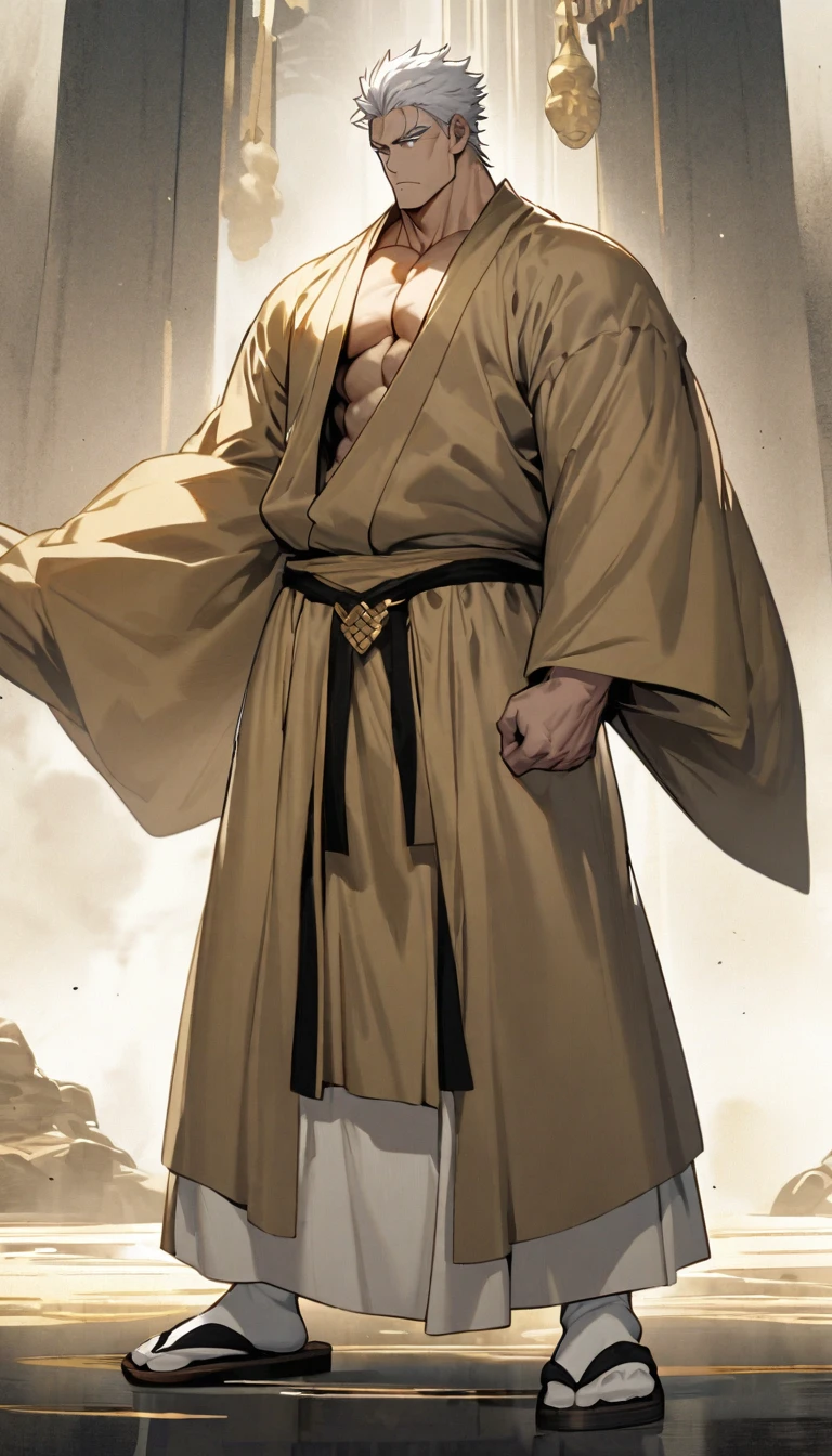 was a towering young man with a powerfully muscular physique, imposing features, short white hair, and faded white eyes that showed no sense of feeling. He usually wore a gold-colored kāṣāya garment over black yukata robes. His monk attire is completed with white tabi socks and zōri sandals.