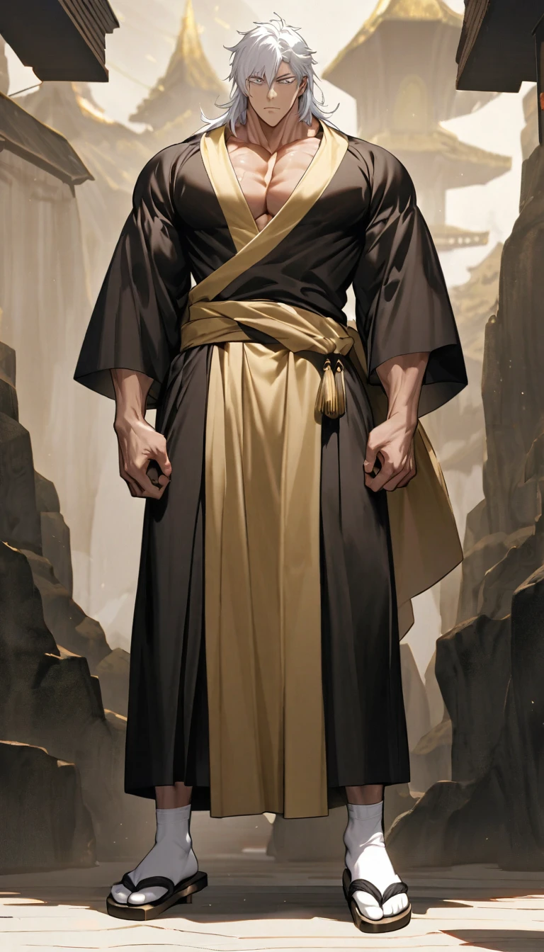 was a towering young man with a powerfully muscular physique, imposing features, short white hair, and faded white eyes that showed no sense of feeling. He usually wore a gold-colored kāṣāya garment over black yukata robes. His monk attire is completed with white tabi socks and zōri sandals.