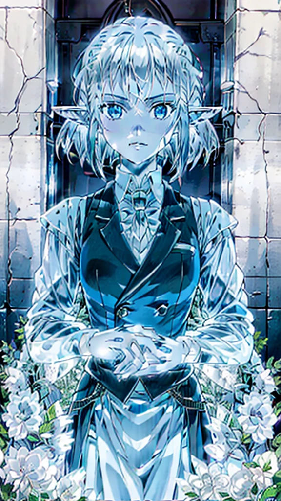 1girl ,solo,20s,mature female,serious face,short hair,elf ears,(grass),shirt,black standard tie,blue blazer,long sleeves, black pleated skirt,(upper body),frosty white Skin , Icy white hair ,Glacial blue eyes,made_of_ice