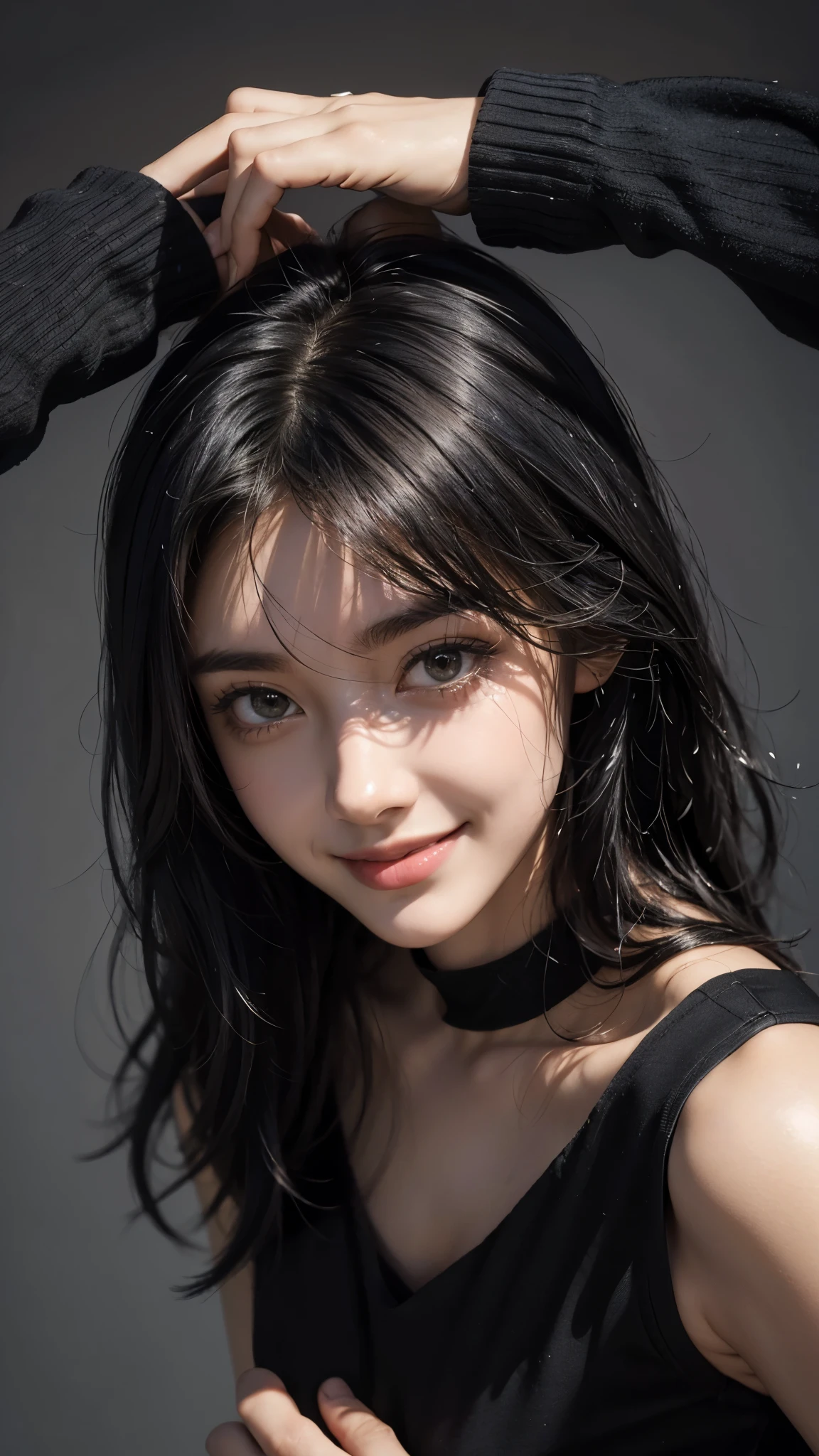 (masterpiece:1.3), (8K, Photorealistic, Raw photo, Best image quality: 1.4), Black fashion、((Portrait taken from above:1.3,)),(Smiling with teeth showing,Big smile)),((Straight jet black hair:1.4))、Purple ribbon in hair,((Short bangs hair)),Super detailed face、Attention to detail、double eyelid、Put your chest together、Sharp focus:1.2、Beautiful woman:1.4