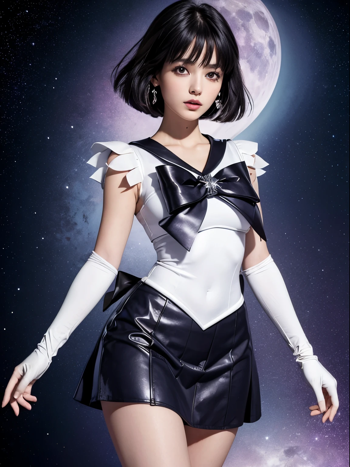 sailor saturn, 1 girl, black hair, short hair, purple eyes, detailed eyes, simple background, female focus, alone, Standing, Hotaru Tomoe, portrait, full body, (Masterpiece:1.0), (best quality:1.0) , (wallpaper 8k:1.0), (detailed beautiful face:1.0), (detailed deep eyes), deep eyes, looking at viewer, sailor scout, lilac bow on chest, lilac skirt, white gloves,,