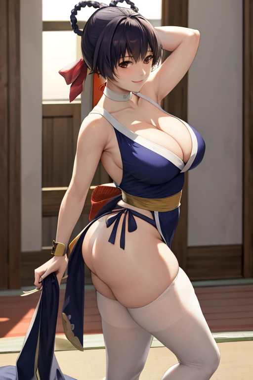masterpiece, best quality, beautiful art, high resolution, well formed hands, body and fingers, 1 woman, solo, Xiangling, hair ornament, adult, grown up, big breasted, cleavage, full body, braided long hair, blue_japanese_clothes, wearing DOA Kasumi's blue kunoichi dress, sexy and skimpy japanese clothes, kimono peek, sleeveless, white stockings, gorgeous legs and thighs, dancing seductively and erotically, turning backwards and forwards, showing her back and front, showing her butt, t-back,, white thong, smiling joyfully, looking at the viewer, flirting, beach environment