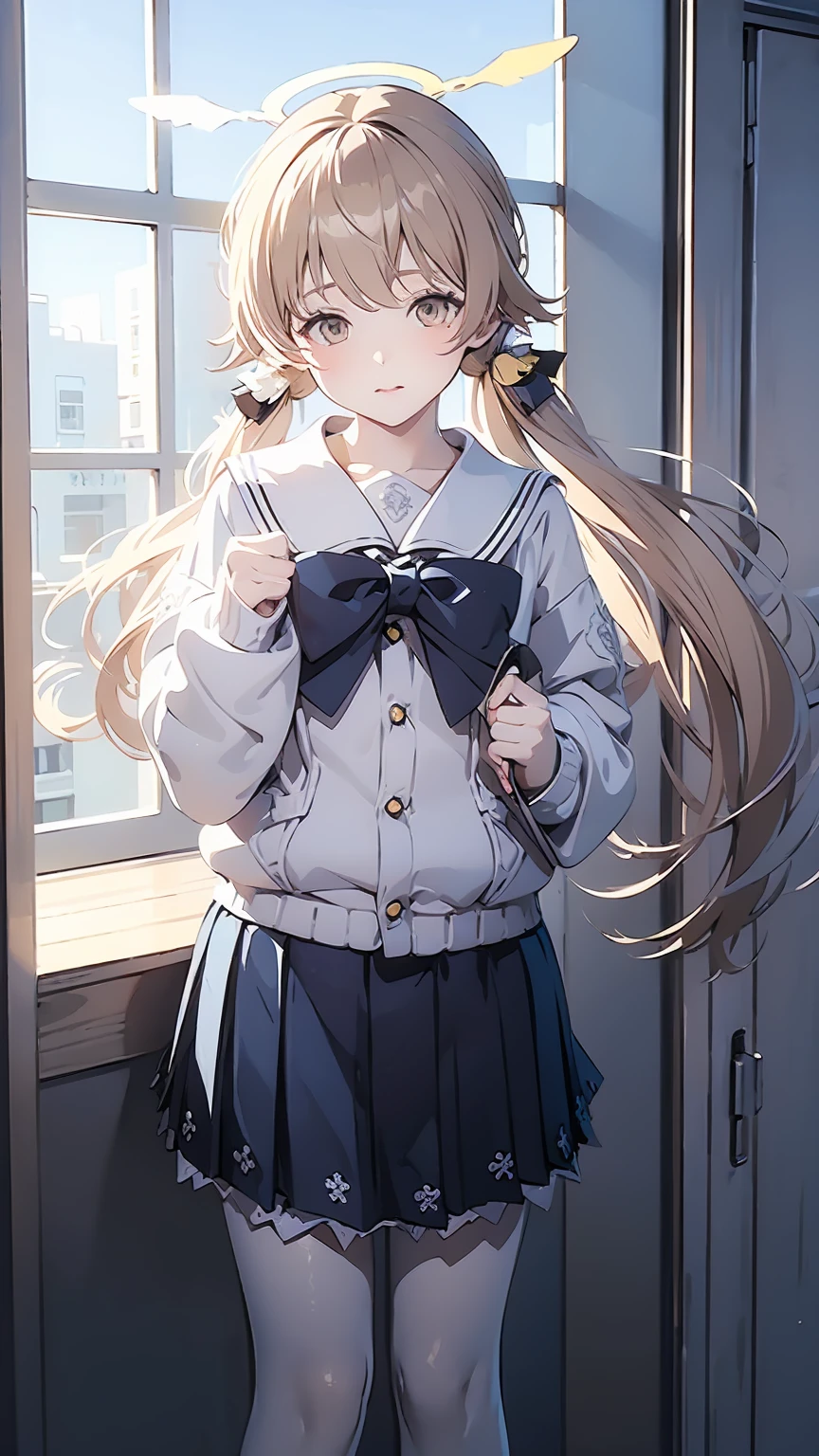 ((masterpiece,best quality)), (illustration), solo, hifumi (blue archive), halo, black pantyhose,light brown long hair, no twintails, school uniform, yellow eyes, sailor collar, pleated blue skirt, white cardigan, long sleeves, blush, frilled skirt