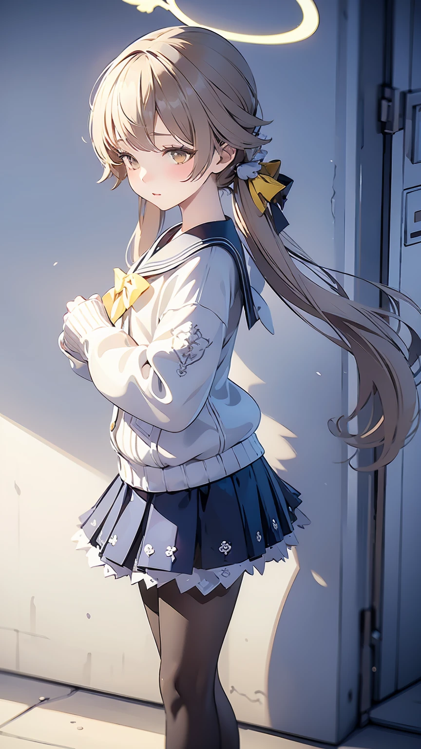 ((masterpiece,best quality)), (illustration), solo, hifumi (blue archive), halo, black pantyhose,light brown long hair, no twintails, school uniform, yellow eyes, sailor collar, pleated blue skirt, white cardigan, long sleeves, blush, frilled skirt