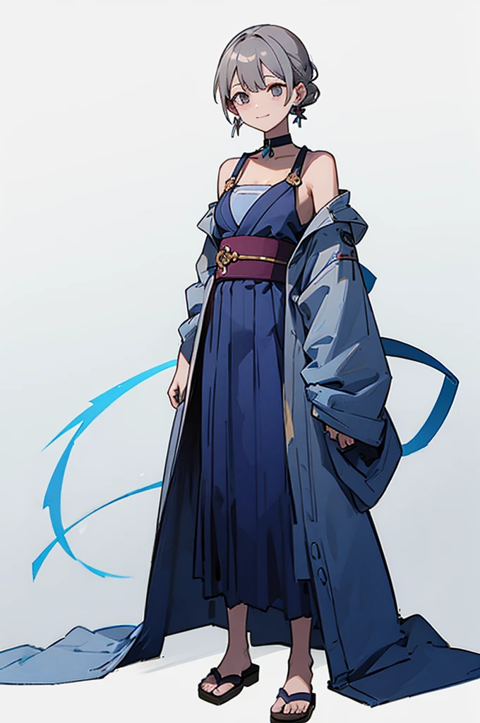 Blue Yukata、Gray Hair、Mischievous face、Choker on neck、Big earrings、Arms crossed、Only the mouth is smiling、Straw sandals、Choker on right leg、Shoulders are out(whole body、Are standing、、White background)