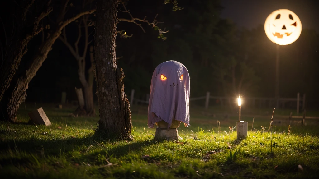 ((masterpiece,best quality)), absurdres,, Cute_Ghost, no humans, solo, ghost, floating, halloween, pokemon (creature), cute, solo, smiling, looking at viewer, purple theme, graveyard in background, Log Cabin, tree,grass,fantasy, fairytale, intricate, forest, fireflies, tree,halloween ,eerie atmosphere, dark background,Scary atmosphere,
