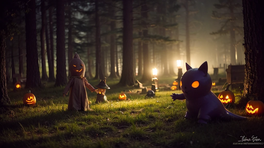 ((masterpiece,best quality)), absurdres,, Cute_Ghost, no humans, solo, ghost, floating, halloween, pokemon (creature), cute, solo, smiling, looking at viewer, purple theme, graveyard in background, Log Cabin, tree,grass,fantasy, fairytale, intricate, forest, fireflies, tree,halloween ,eerie atmosphere, dark background,Scary atmosphere,