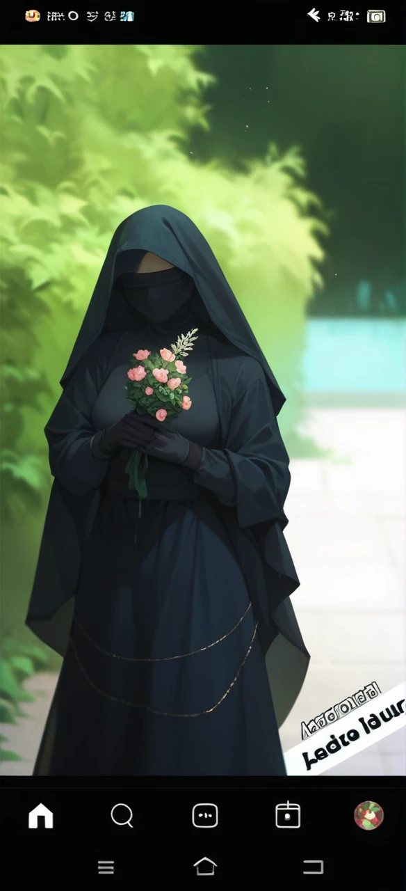 A woman in a black niqab stands amidst lush greenery, holding a delicate bouquet of flowers. The serene environment and her calm demeanor create a sense of peacefulness and contemplation. captures a moment of quiet beauty and reflection."
