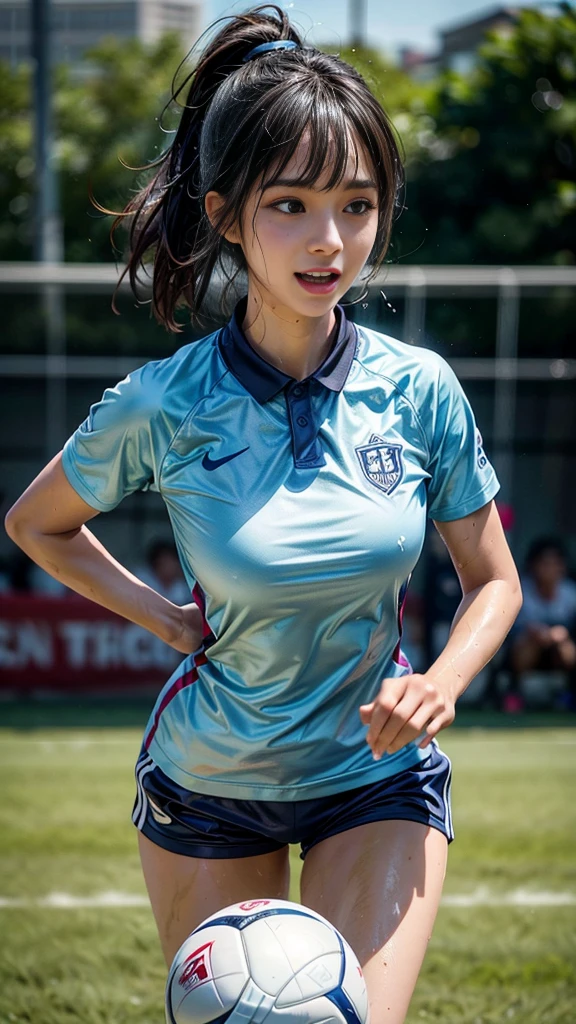 Highest quality, High resolution:1.2, Super detailed, Realistic:1.3, ((Beautiful woman))、((Ultra tight uniform))、Big Breasts、Vibrant colors, play soccer,((blunt bangs))、Has bangs、Wet Hair, Concentration, Splash, Action Shots, Grass blotches, Muddy ground, Wet turf, Decide, Fast-paced games, Athletic physique, Shiny soccer ball, Wet uniform, raindrop, Blurred motion, Focus on the ball, Intense competition, Skillful dribbling, Energetic play, Teamwork, powerful shoots, Wet pitch, Passionate sports, Fierce Decide, Humid atmosphere, Fluid movement, emotional expression、Dramatic lighting, Women's Sports, Avid athletes, Exciting Games, endure, Excited state, Speed and agility, Energetic play, 濡れたSplash、smile、