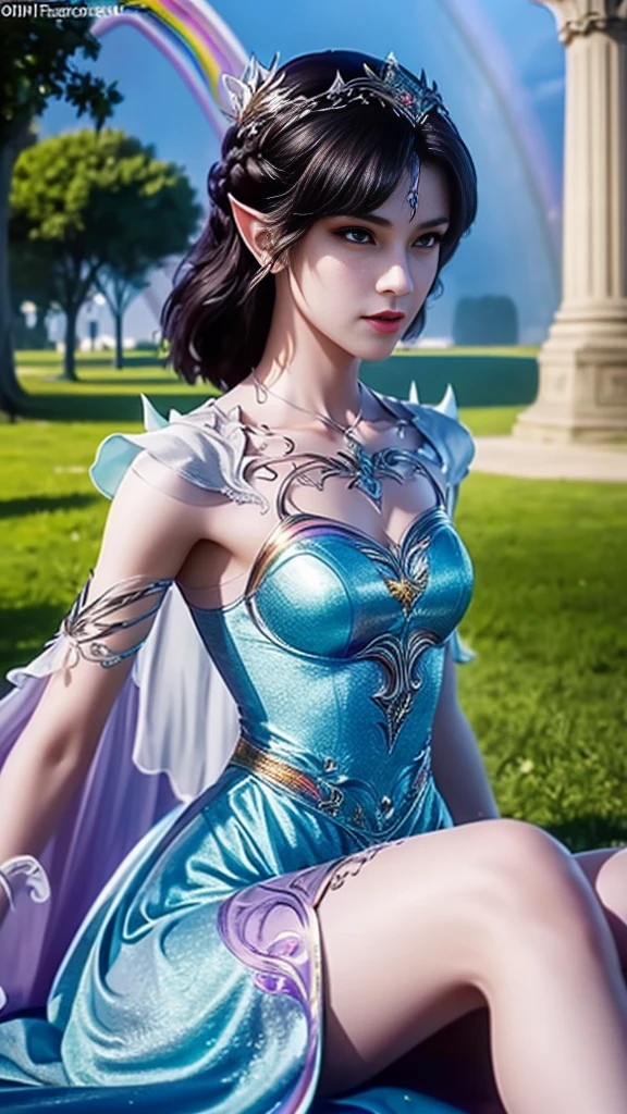 8k, masterpiece, a close up of a young man in a rainbow dress, perfect front body, bare thigh, ((very short spikey hair)), a beautiful fantasy empress, ((rainbow fantasy dress:1.5)), beautiful fantasy maiden, fantasy art style, trending on cgstation, beautiful and elegant elf king, beautiful elf, shining skin, intricate ornate anime cgi style, ((a beautiful rainbow emporer)), beautiful alluring Realistic woman, shining skin, in the park, sun shining, Realistic shadow, front capture, sitting,