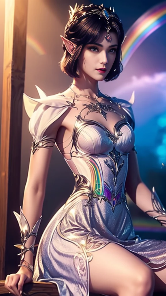 8k, masterpiece, a close up of a young man in a rainbow dress, perfect front body, bare thigh, ((very short spikey hair)), a beautiful fantasy empress, ((rainbow fantasy dress:1.5)), beautiful fantasy maiden, fantasy art style, trending on cgstation, beautiful and elegant elf king, beautiful elf, shining skin, intricate ornate anime cgi style, ((a beautiful rainbow emporer)), beautiful alluring Realistic woman, shining skin, in the park, sun shining, Realistic shadow, front capture, sitting,