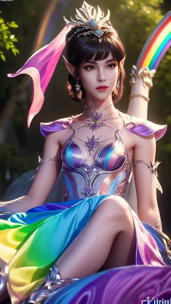 8k, masterpiece, a close up of a young man in a rainbow dress, perfect front body, bare thigh, ((very short spikey hair)), a beautiful fantasy empress, ((rainbow fantasy dress:1.5)), beautiful fantasy maiden, fantasy art style, trending on cgstation, beautiful and elegant elf king, beautiful elf, shining skin, intricate ornate anime cgi style, ((a beautiful rainbow emporer)), beautiful alluring Realistic woman, shining skin, in the park, sun shining, Realistic shadow, front capture, sitting,