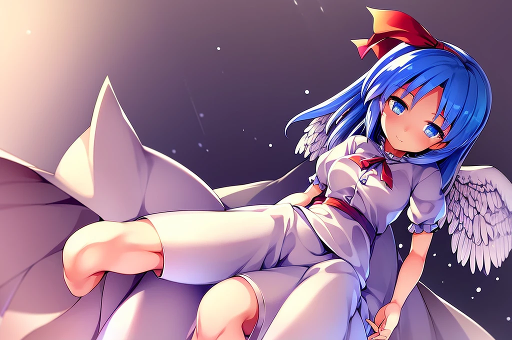 masterpiece, best quality, 1girl, , , , medium blue hair, hair flaps, pink ribbon on head, well-formed face, blue eyes, angel girl, white blouse, puffy short sleeves, red ribbon, angel wings, long white skirt, red shoes, frills, ribbon head