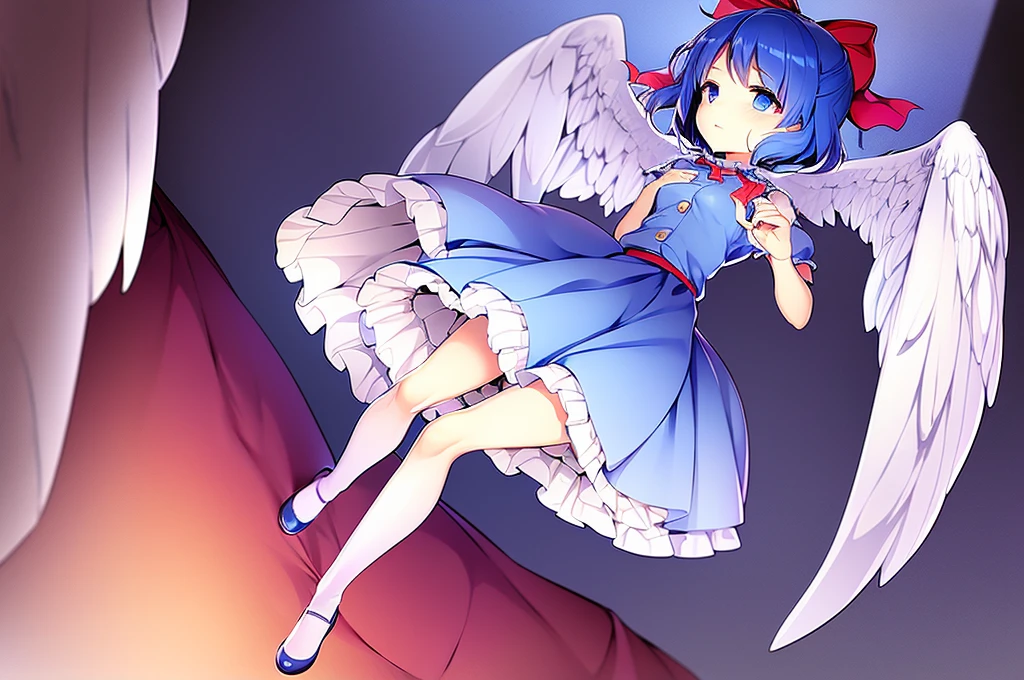 masterpiece, best quality, 1girl, , , , medium blue hair, hair flaps, pink ribbon on head, well-formed face, blue eyes, angel girl, white blouse, puffy short sleeves, red ribbon, angel wings, long white skirt, red shoes, frills, ribbon head