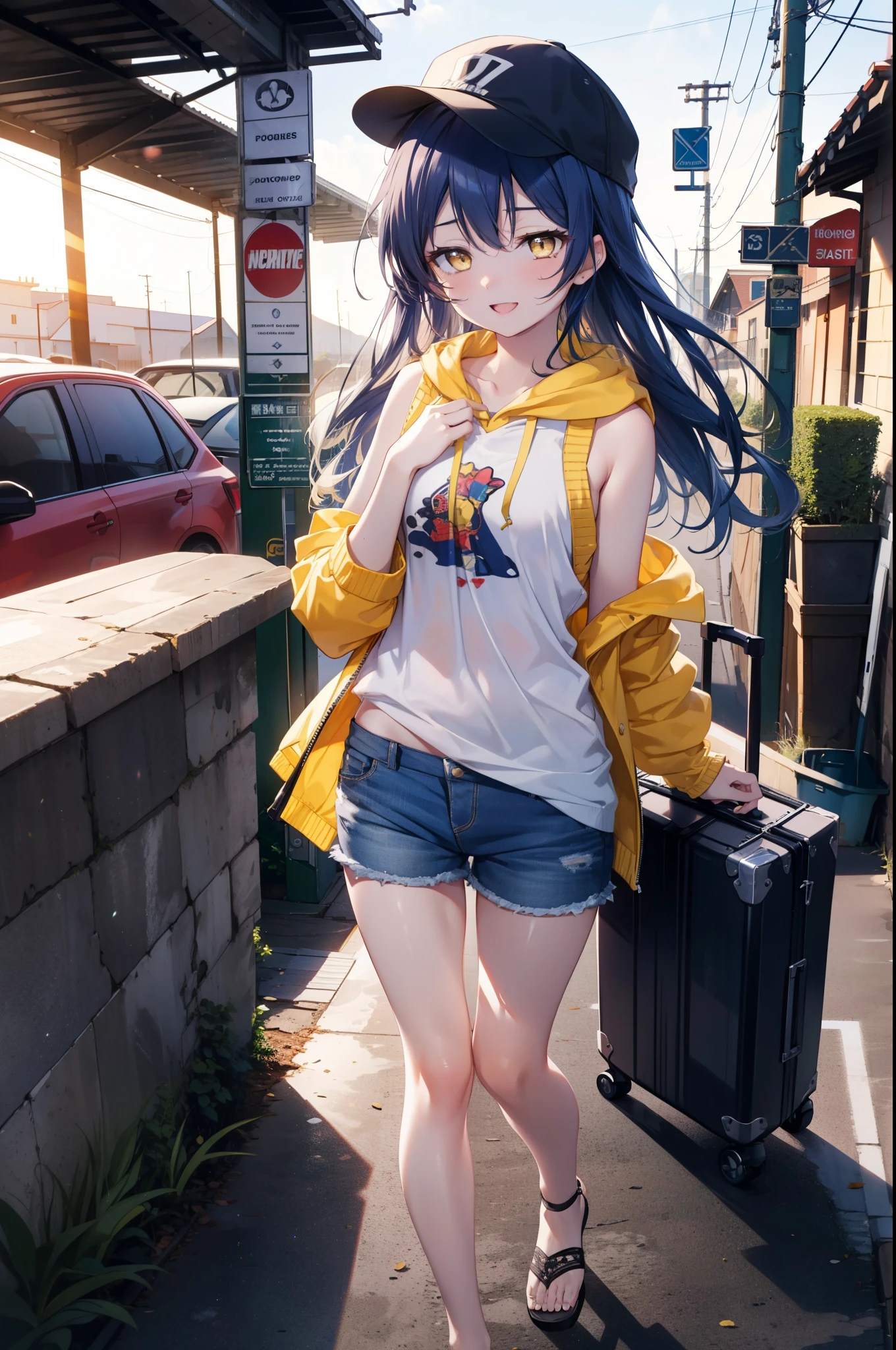  Umi Sonoda, Long Hair, Blue Hair, (Yellow Eyes:1.5) (Flat Chest:1.2),happy smile, smile, Open your mouth,Baseball hats,Sleeveless blue hoodie,Open front,White Tank Top,Shorts,Sandals,Push-type suitcase,Walking,Daytime,Clear skies,True Summer,whole bodyがイラストに入るように,
break looking at viewer,whole body,
break indoors, countryside,In town,
break (masterpiece:1.2), Highest quality, High resolution, unity 8k wallpaper, (figure:0.8), (Beautiful attention to detail:1.6), Highly detailed face, Perfect lighting, Highly detailed CG, (Perfect hands, Perfect Anatomy),