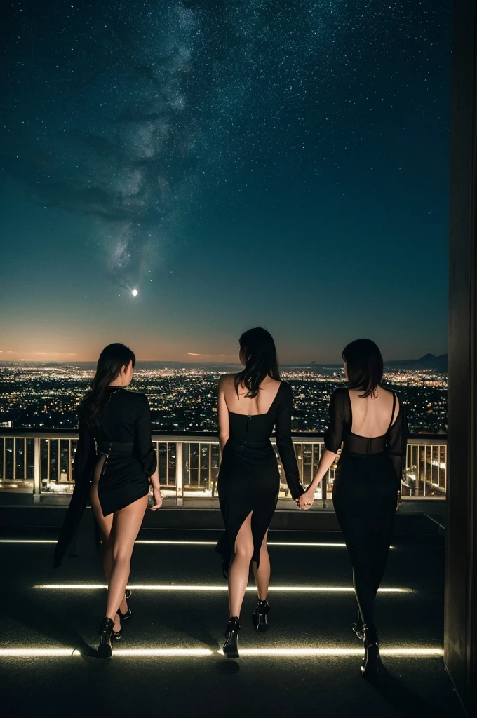 Three pretty, beautiful women in sexy black clothing are walking backwards, disappearing into a beautiful landscape. The scene is melancholic and introspective, with long shots and fade-outs creating a sense of closure. The background is a starry and moonlit cityscape at night.