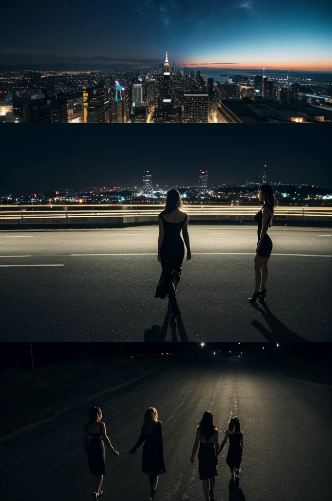 Three pretty, beautiful women in sexy black clothing are walking backwards, disappearing into a beautiful landscape. The scene is melancholic and introspective, with long shots and fade-outs creating a sense of closure. The background is a starry and moonlit cityscape at night.