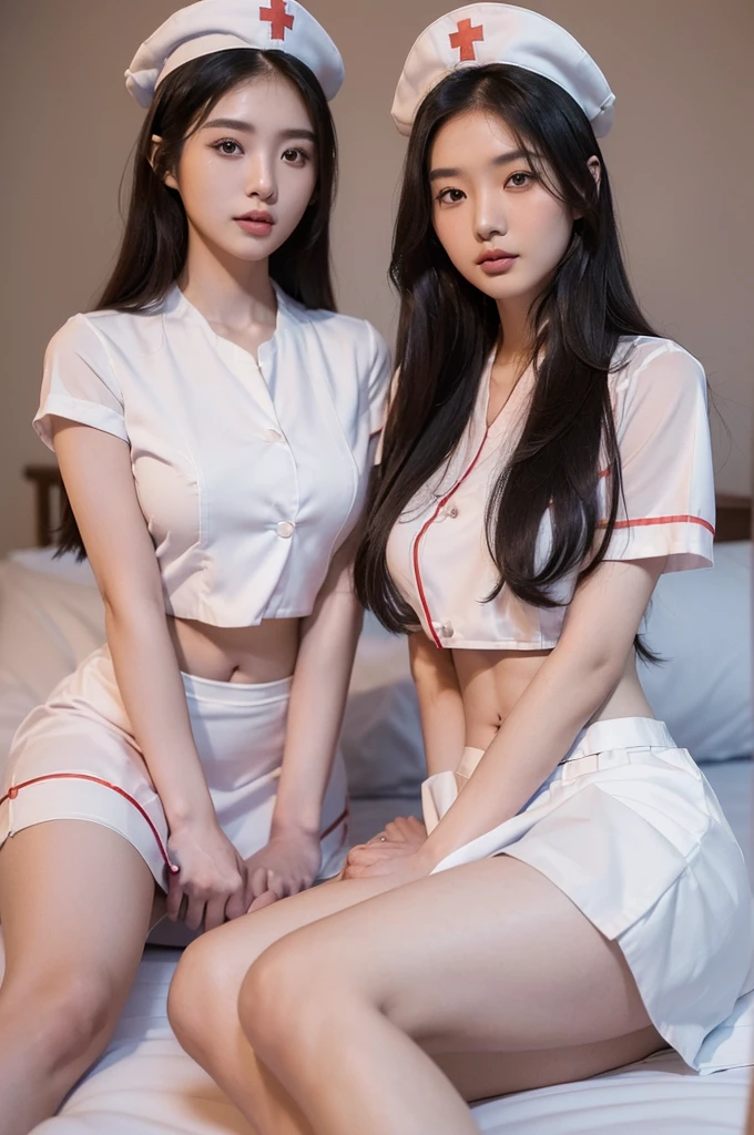 (((two 21 year old Asian nurses with long hair sitting on edge of the bed))), ((with legs closed)), (((facing directly at viewer))), (((wide hips))),((hourglass body)), (((nurse uniform and nurse hat))), ((navel)), (((nurse skirt))), ((toned legs)), (((masterpiece))), ((best quality)), ((soft lighting)), (sensual pose)), ((realistic image))