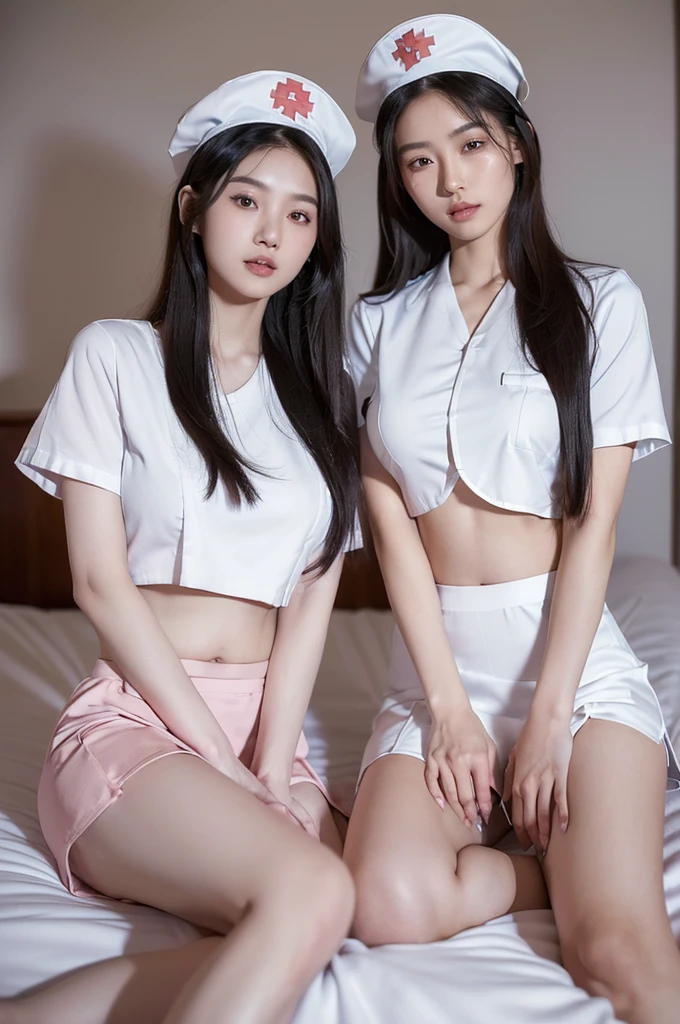 (((two 21 year old Asian nurses with long hair sitting on edge of the bed))), ((with legs closed)), (((facing directly at viewer))), (((wide hips))),((hourglass body)), (((nurse uniform and nurse hat))), ((navel)), (((nurse skirt))), ((toned legs)), (((masterpiece))), ((best quality)), ((soft lighting)), (sensual pose)), ((realistic image))