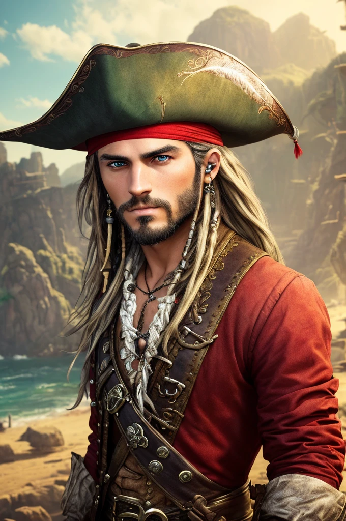 a young man, green eyes, long silver hair, pirate clothing, wide-brimmed hat with red feathers, (best quality,4k,8k,highres,masterpiece:1.2),ultra-detailed,(realistic,photorealistic,photo-realistic:1.37),detailed facial features, intricate pirate outfit, dramatic lighting, cinematic perspective, vibrant colors, fantasy, dramatic pose