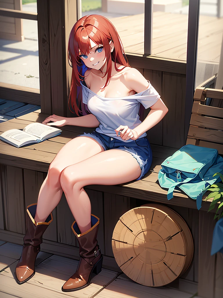 18 year old young girl, long haired redhead with blue eyes, Short white off-the-shoulder shirt, short blue denim shorts, SMILE, smiling, short brown boots with white