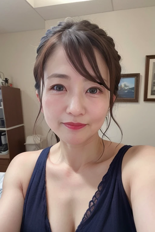8K, Mature elegant Japanese woman, 55 years old, Married women, Delicate features, Long eyelashes, Sparkling eyes, Low Ponytail, Red lipstick, Rosy Cheeks, eye shadow, Attractive lips, Poke out your lips, ((Kissing Face)), Upper Body, naked, (Highest quality,8K,High resolution,masterpiece:1.2),