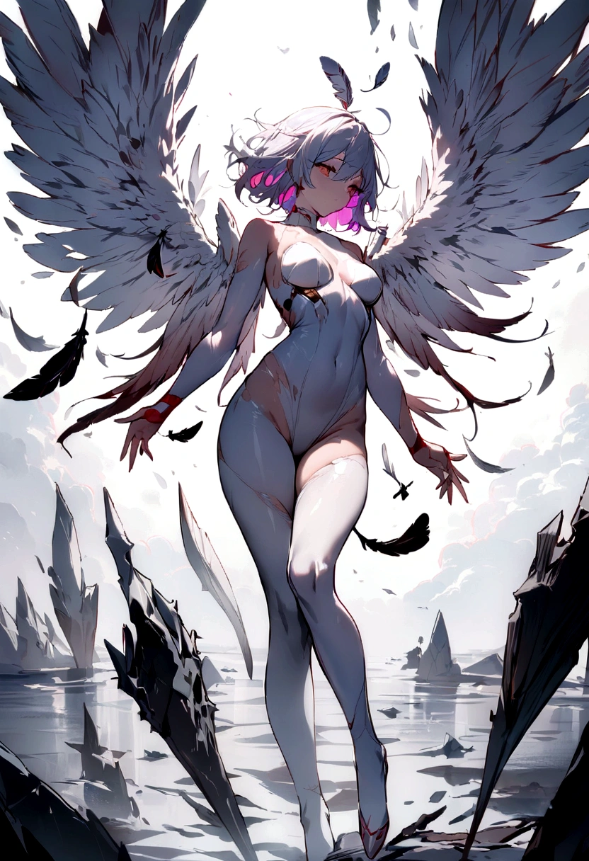 (masterpiece:1.1), (best quality:1.1), (Vibrant colors:1.1), (Solitary:1.2), (1 Girl:1.0), ((weightlessness，Falling posture))，((Broken lens)), (stocking:1.0), (（Broken feather wings）),Angel Wings， (fallen Angel)，Torn light-colored clothing，White feather