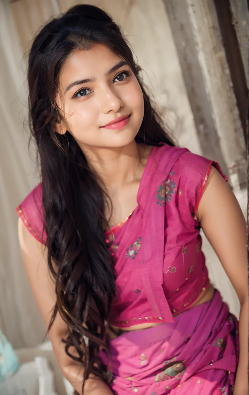 masterpiece, centered, 1 young Indian woman with a cute and radiant face, featuring exquisitely detailed eyes, expressing a mix of shyness and joy, dressed in vibrant traditional Indian attire. She has a slim figure and medium-sized breasts. Generate an 8k image, risbeauty indian,
